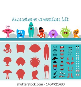 Cute cartoon monster creation kit in flat style. Monsters body parts big set building icon. Colorful kids toy cute monster. Vector illustration halloween constructor elements