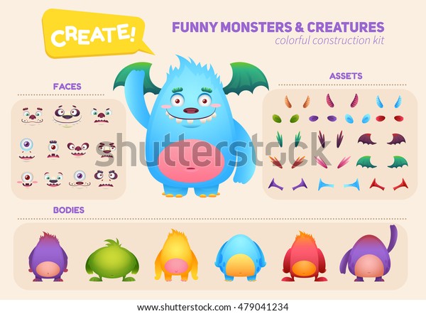 Cute cartoon monster creation kit, construction\
elements and body parts for building  creatures for kids toys,\
video games and halloween\
designs