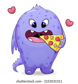 Cute Cartoon Monster Eating Pizza. Vector Illustration Of An Animal Creature That Loves Food. Image With A White Background.