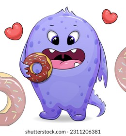 Cute cartoon monster eats a donut. Vector illustration of an animal and two red hearts on a white background.