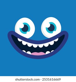 Cute cartoon monster face background. Funny monster face in childish style on blue background. Vector illustration