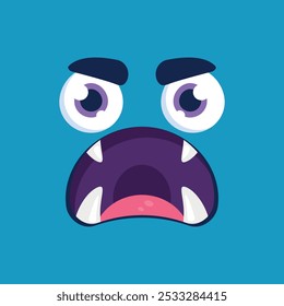 Cute cartoon monster face background. Funny angry monster face in childish style on blue background. Vector illustration