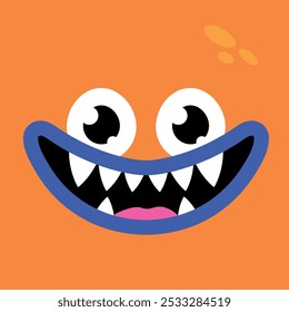 Süße Cartoon Monster Gesicht Hintergrund. Lustiges lächelndes Monstergesicht im kindlichen Stil auf orangefarbenem Hintergrund. Vektorgrafik