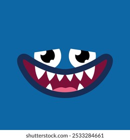 Cute cartoon monster face background. Funny sad monster face in childish style on blue background. Vector illustration