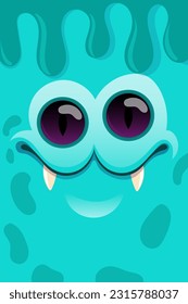 Cute cartoon monster face. Design for print, sticker, party decoration, logo, emblem, magazine prints or journal article, t-shirt design, poster. Vector illustration of Halloween cool monster 