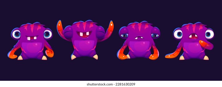 Cute cartoon monster face emotions vector set. Funny alien character with mood expression illustration. Comic happy mascot emoticon collection with excited, cheerful, surprised and depressed feelings.