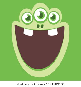 Cute cartoon monster face with three eyes. Vector monster square avatar
