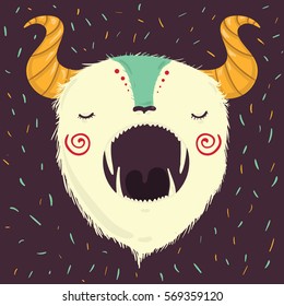 Cute cartoon monster flat vector illustration. A funny creature with horns and sharp teeth. 