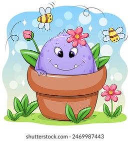 Monstruo de dibujos animados lindo en una maceta con abejas y flores. Ilustración vectorial de la criatura en la naturaleza.