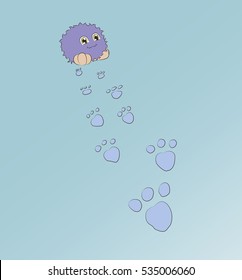 cute cartoon monster footprints behind him snow