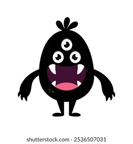 Lindo monstruo de dibujos animados. Divertida criatura negra en estilo infantil con boca grande y colmillos. Ilustración vectorial