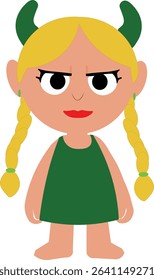 Cute cartoon monster girl with blonde braided hair, green horns, and green dress. Playful fantasy character for children’s designs, games, or educational materials.