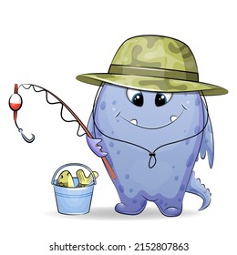 Cute cartoon monster in the hat holds a  fishing rod and a bucket with fish. Vector illustration on white bacground.