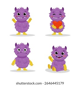 Cute cartoon monster with heart on white background. Happy Alien. Funny purple monster in flat style. Vector illustration.