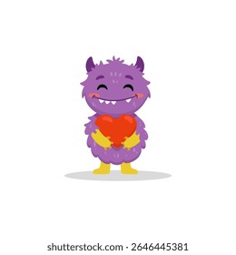Cute cartoon monster with heart on white background. Happy Alien. Funny purple monster in flat style. Vector illustration.