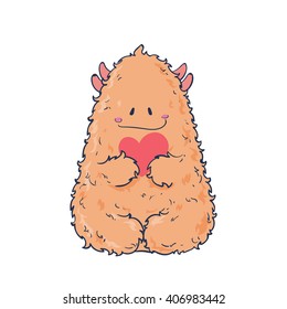 Cute Cartoon Monster with heart. Vector illustration. Cartoon and funny monsters cards with place for your text.