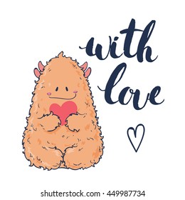Cute Cartoon Monster with heart. Vector illustration. Cute Valentine's Day card. Monster with Heart. with Love 