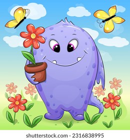 A cute cartoon monster holds a flower pot with a red flower and stands in a garden with flowers. Vector illustration of fantasy animal in nature.