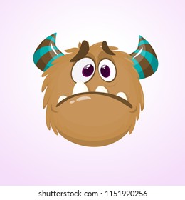 Cute cartoon monster with horns . Crying monster emotion. Halloween vector illustration