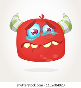 Cute cartoon monster with horns . Crying monster emotion. Halloween vector illustration