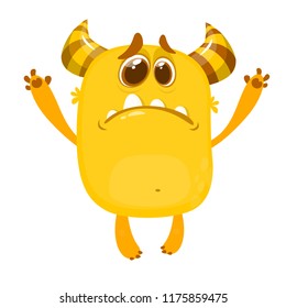 Cute cartoon monster with horns . Crying monster emotion. Halloween vector illustration