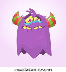 Cute cartoon monster with horns . Crying monster emotion. Halloween vector illustration