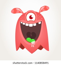 Cute cartoon monster  with horns and one eye. Smiling monster emotion with big mouth. Halloween vector illustration for package design