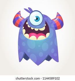 Cute cartoon monster  with horns and with one eye. Smiling monster emotion with big mouth. Halloween vector illustration