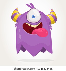 Cute cartoon monster  with horns with one eye. Smiling monster emotion with big mouth. Halloween vector illustration