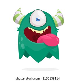 Cute cartoon monster  with horns with one eye.  Halloween vector illustration or logo