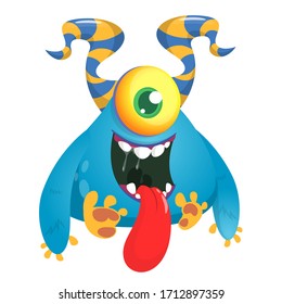 Cute cartoon monster  with horns and one eye. Smiling monster emotion with big mouth. Halloween vector illustration