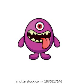 Cute cartoon monster with horns with one eye. Smiling monster emotion with big mouth. Halloween vector illustration