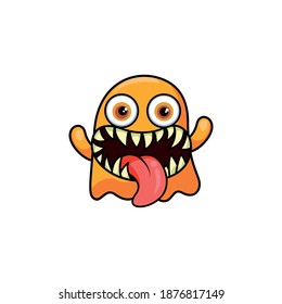 Cute cartoon monster with horns with one eye. Smiling monster emotion with big mouth. Halloween vector illustration
