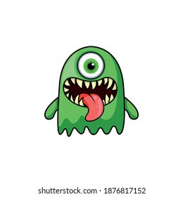 Cute cartoon monster with horns with one eye. Smiling monster emotion with big mouth. Halloween vector illustration