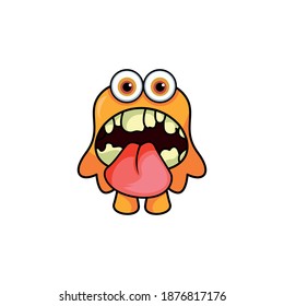 Cute cartoon monster with horns with one eye. Smiling monster emotion with big mouth. Halloween vector illustration