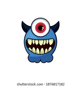 Cute cartoon monster with horns with one eye. Smiling monster emotion with big mouth. Halloween vector illustration