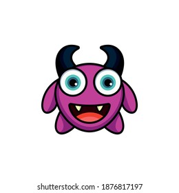 Cute cartoon monster with horns with one eye. Smiling monster emotion with big mouth. Halloween vector illustration