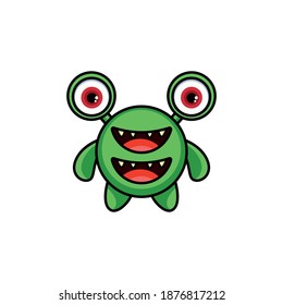 Cute cartoon monster with horns with one eye. Smiling monster emotion with big mouth. Halloween vector illustration