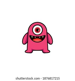 Cute cartoon monster with horns with one eye. Smiling monster emotion with big mouth. Halloween vector illustration