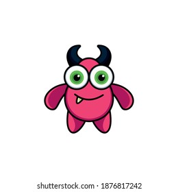 Cute cartoon monster with horns with one eye. Smiling monster emotion with big mouth. Halloween vector illustration