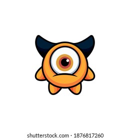 Cute cartoon monster with horns with one eye. Smiling monster emotion with big mouth. Halloween vector illustration