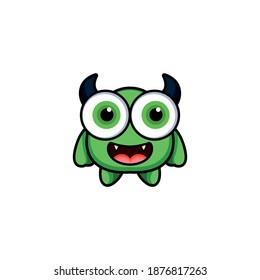 Cute cartoon monster with horns with one eye. Smiling monster emotion with big mouth. Halloween vector illustration