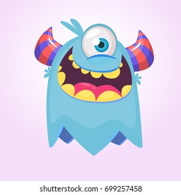 Cute cartoon monster  with horns with one eye. Smiling monster emotion with big mouth. Halloween vector illustration. Funny monster logo