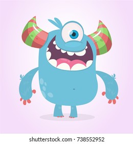 Cute cartoon monster  with horns with one eye. Smiling monster emotion with big mouth. Halloween vector illustration