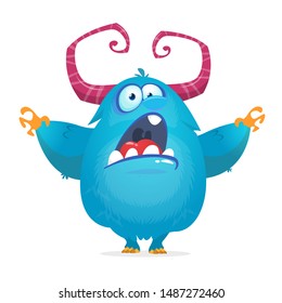 Cute cartoon monster with horns. Smiling monster emotion with big mouth. Halloween vector illustration