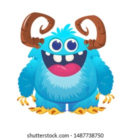 Cute cartoon monster with horns. Smiling monster emotion with big mouth. Halloween vector illustration
