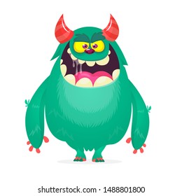 Cute cartoon monster  with horns. Smiling monster emotion with big mouth. Halloween vector illustration