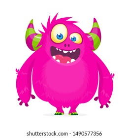 Cute cartoon monster  with horns. Smiling monster emotion with big mouth. Halloween vector illustration