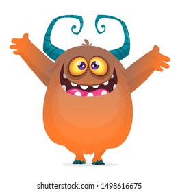 Cute cartoon monster with horns. Smiling monster emotion with big mouth. Halloween vector illustration