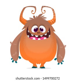 Cute cartoon monster with horns. Smiling monster emotion with big mouth. Halloween vector illustration